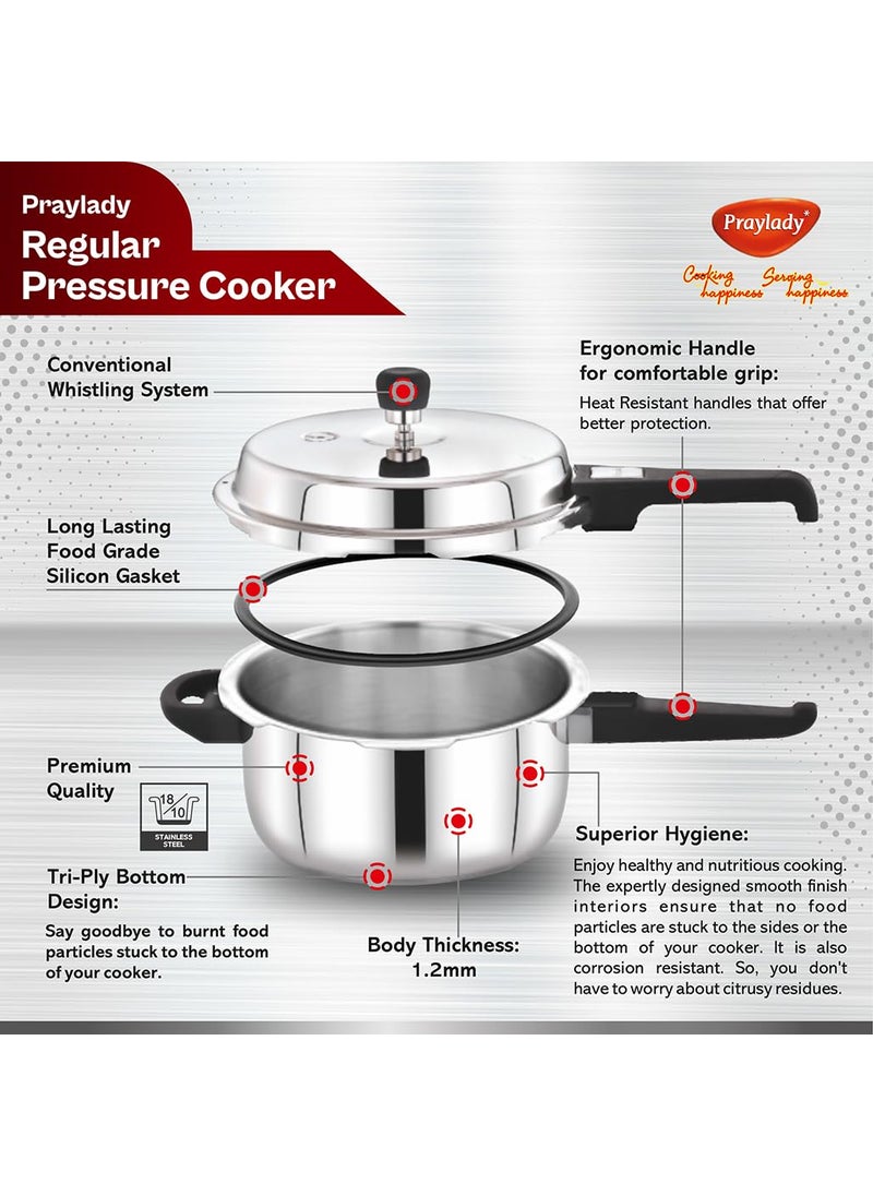 Praylady Stainless Steel Pressure Cooker with Outer Lid Induction Compatible Pressure Cooker Cooker Capacity 5 Litre Silver