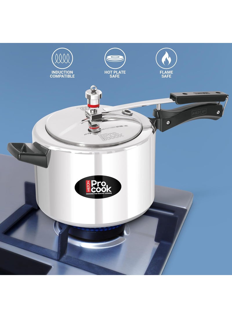 Milton Pro cook Pressure Cooker Aluminium With Inner Lid 5 litre Induction and Gas Stove Compatible Food Grade Nitrile Gasket System 5 Years Warranty ISI Certified Silver