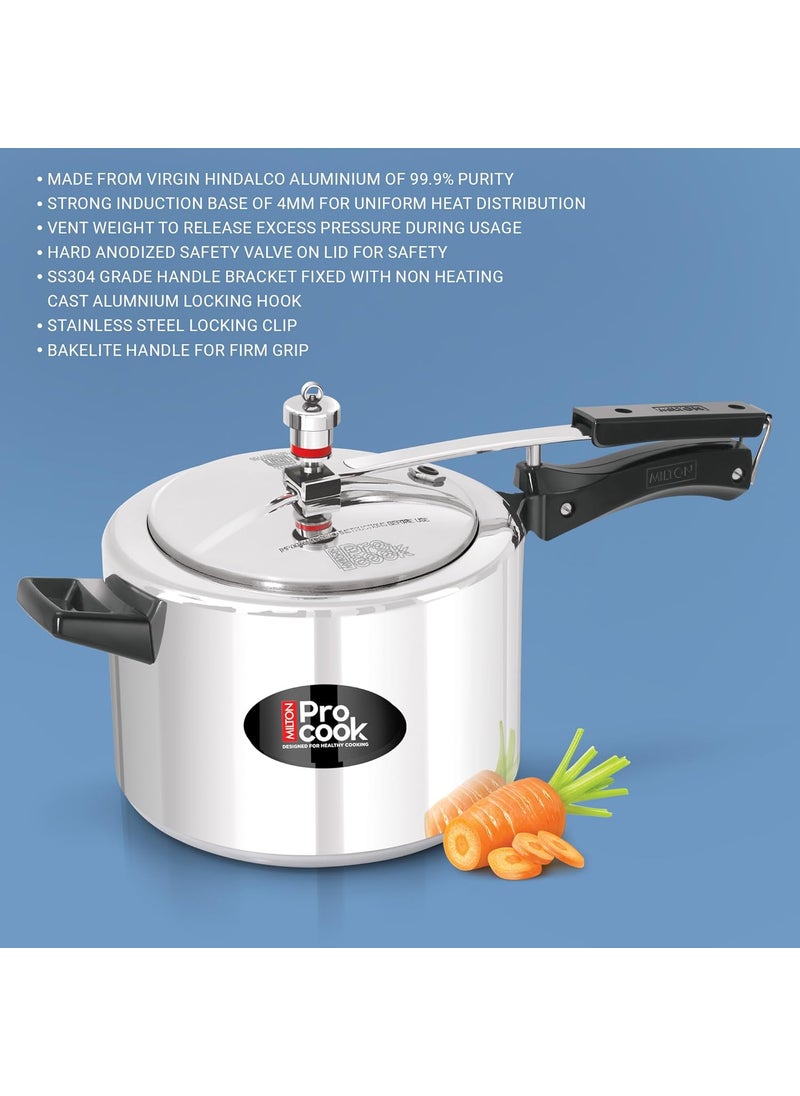 Milton Pro cook Pressure Cooker Aluminium With Inner Lid 5 litre Induction and Gas Stove Compatible Food Grade Nitrile Gasket System 5 Years Warranty ISI Certified Silver