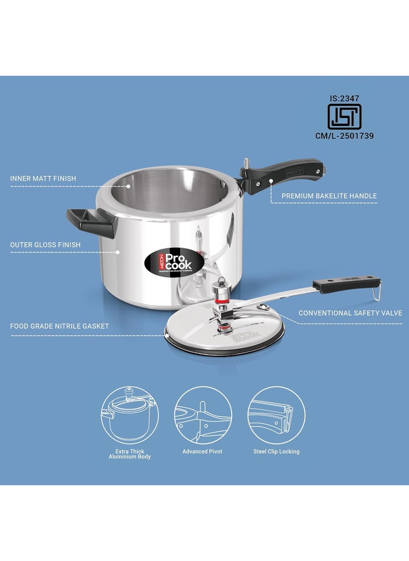 Milton Pro cook Pressure Cooker Aluminium With Inner Lid 5 litre Induction and Gas Stove Compatible Food Grade Nitrile Gasket System 5 Years Warranty ISI Certified Silver