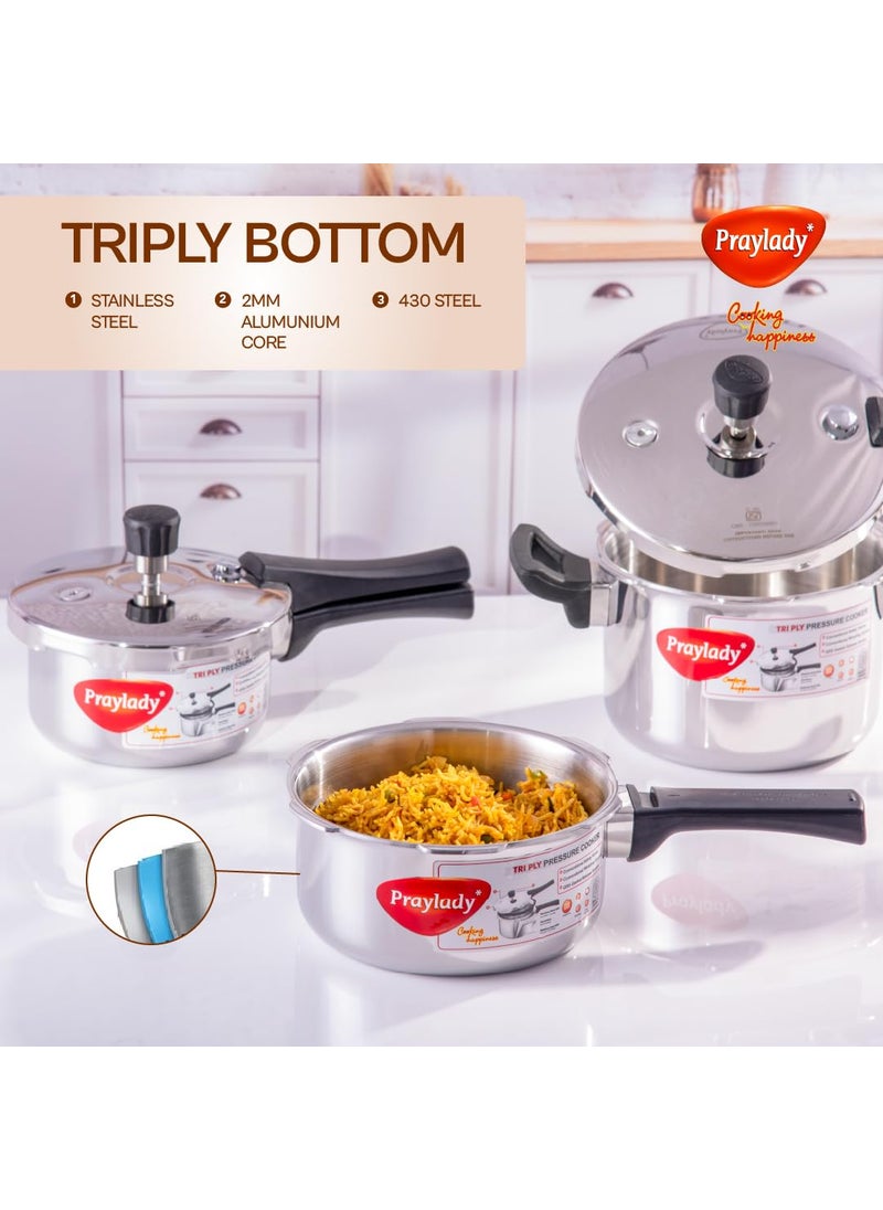 PrayLady Triply Pressure Cooker 15Ltr with SAS Body Bakelite Handle Vitro Ceramic Halogen Induction and Gas Compactible Fast and Even Cooking ISI Certified 5 Year Warranty