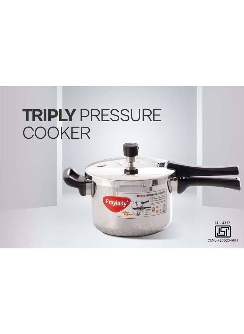 PrayLady Triply Pressure Cooker 15Ltr with SAS Body Bakelite Handle Vitro Ceramic Halogen Induction and Gas Compactible Fast and Even Cooking ISI Certified 5 Year Warranty