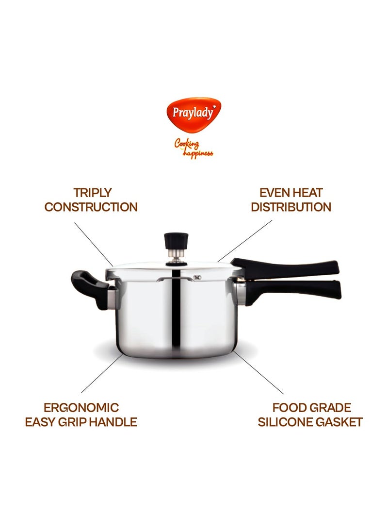 PrayLady Triply Pressure Cooker 15Ltr with SAS Body Bakelite Handle Vitro Ceramic Halogen Induction and Gas Compactible Fast and Even Cooking ISI Certified 5 Year Warranty
