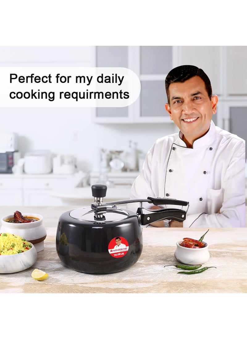 Wonderchef Taurus Hard Anodized Inner Lid Pressure cooker 3 liter Cool Touch Handles for Durability Induction Friendly Black 5 year warranty ISI Certified