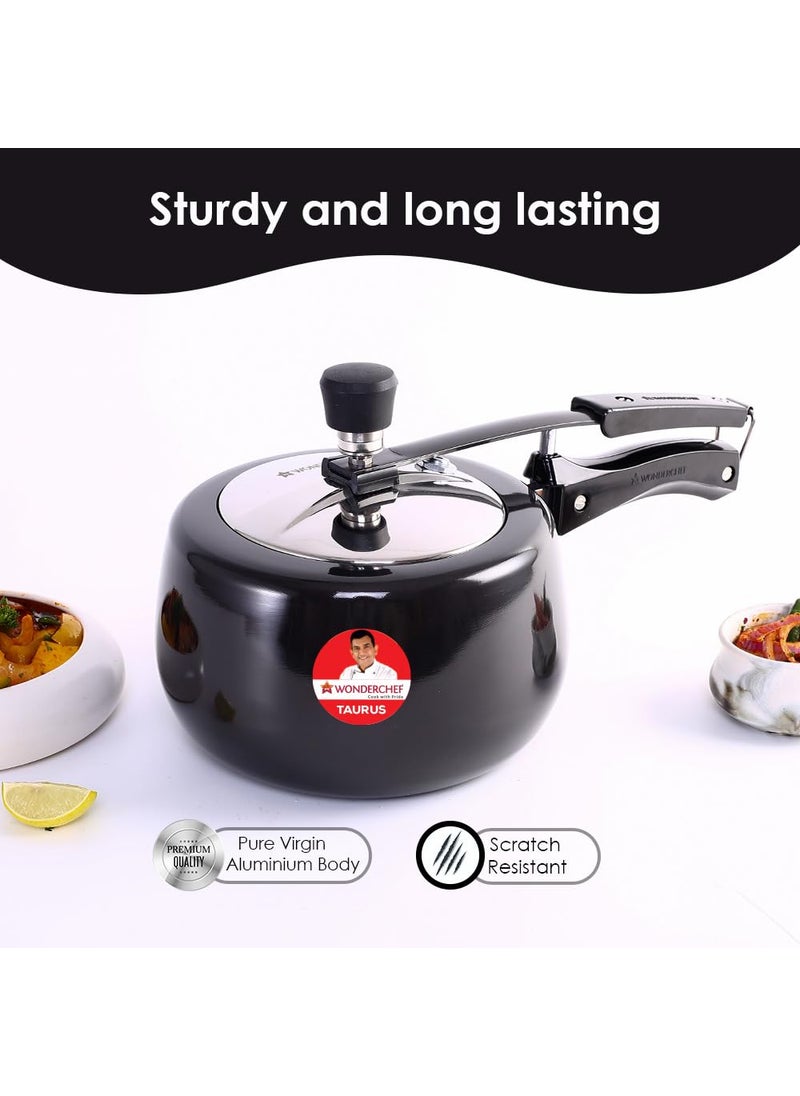 Wonderchef Taurus Hard Anodized Inner Lid Pressure cooker 3 liter Cool Touch Handles for Durability Induction Friendly Black 5 year warranty ISI Certified