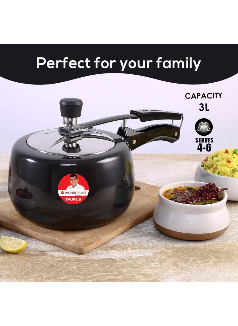 Wonderchef Taurus Hard Anodized Inner Lid Pressure cooker 3 liter Cool Touch Handles for Durability Induction Friendly Black 5 year warranty ISI Certified