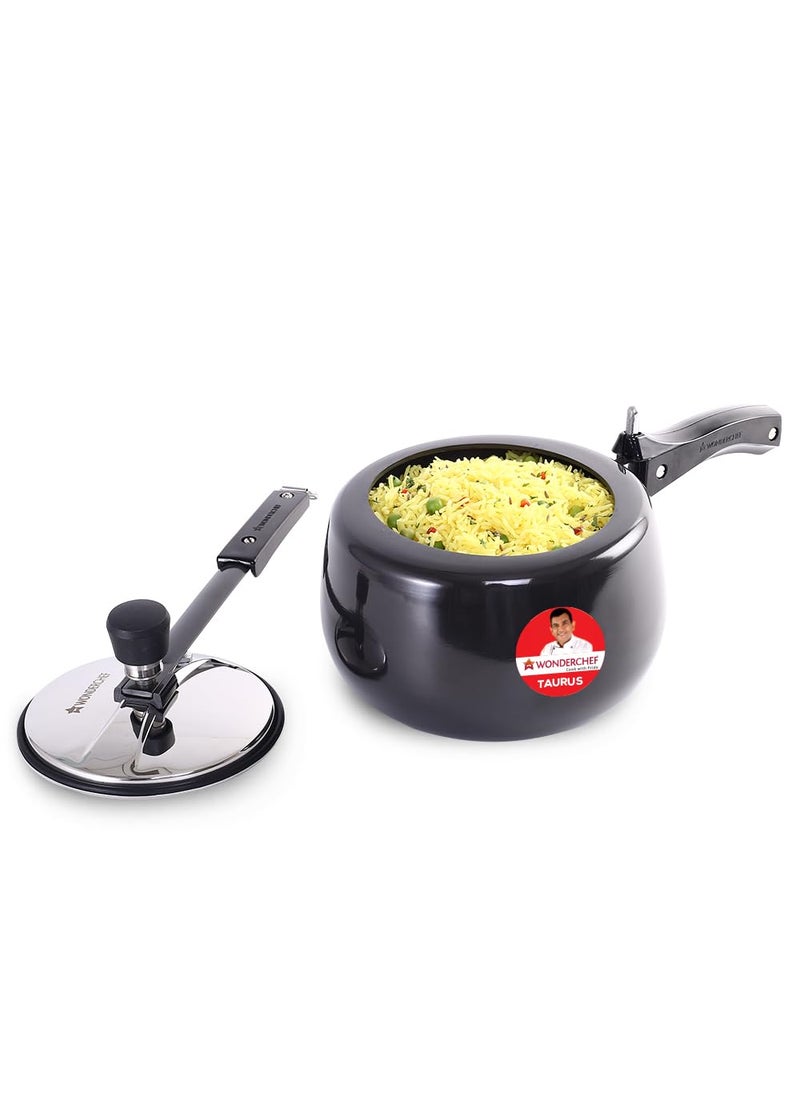 Wonderchef Taurus Hard Anodized Inner Lid Pressure cooker 3 liter Cool Touch Handles for Durability Induction Friendly Black 5 year warranty ISI Certified