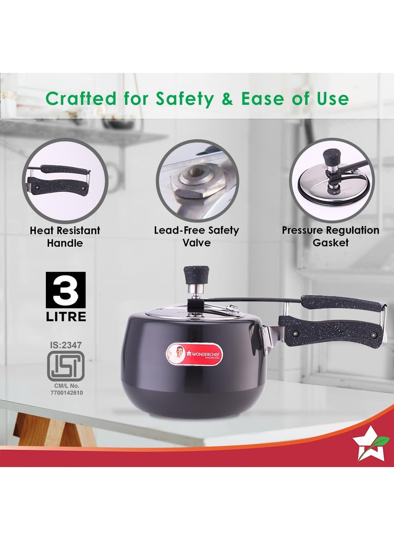 Wonderchef Taurus Hard Anodized Inner Lid Pressure Cooker 3 litres Soft Touch Handles for Durability Induction Friendly Black