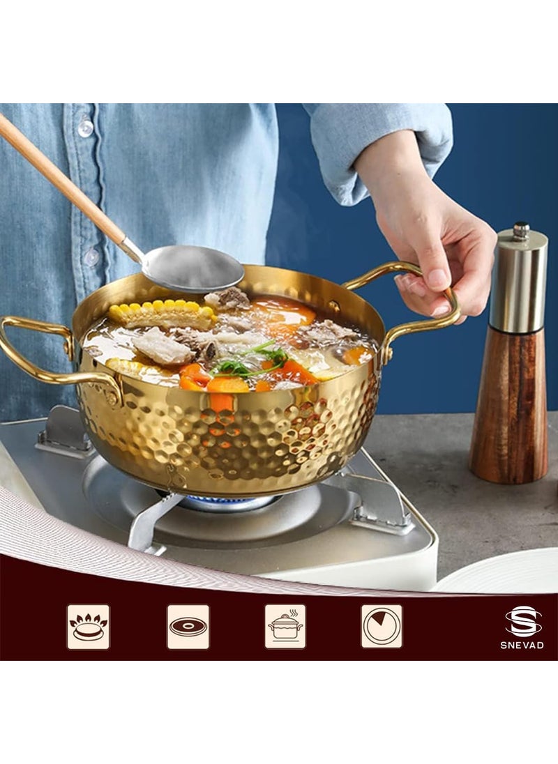 VALAJOGI Korean Ramen Pot Stainless Steel Double Handle for Induction Cooker Fast Heating Cooking Pot for Home Kitchen for Soup Noodles Pasta Outdoor Dishwasher Safe Non Stick Gold