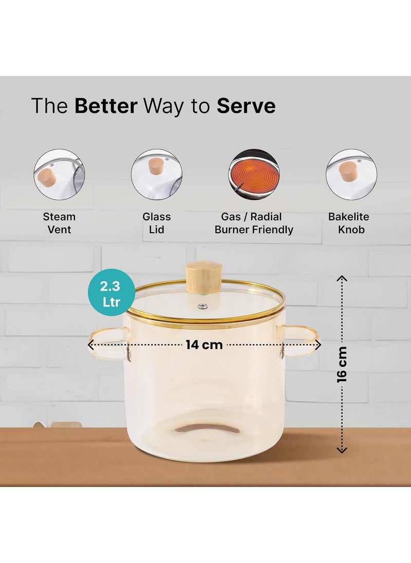The Better Home Zeno Borosilicate Pot with Lid 23L Handi for Cooking Serving Microwave Safe Cookware for Gas Stove Cooking Pot with Lid with Handles Amber