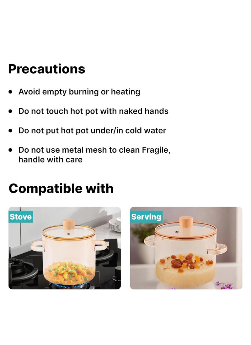 The Better Home Zeno Borosilicate Pot with Lid 23L Handi for Cooking Serving Microwave Safe Cookware for Gas Stove Cooking Pot with Lid with Handles Amber
