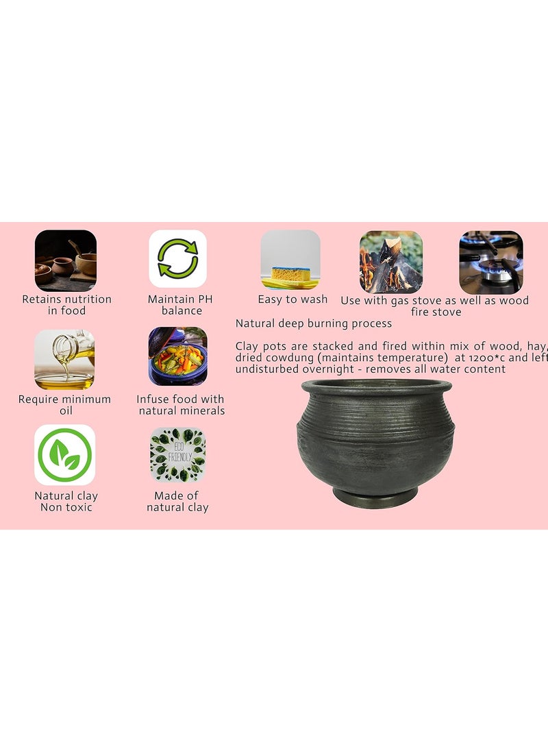 4U Crafts LPG and Microwave Unglazed Clay HandiEarthen Pot for Cooking Black 3 Liter