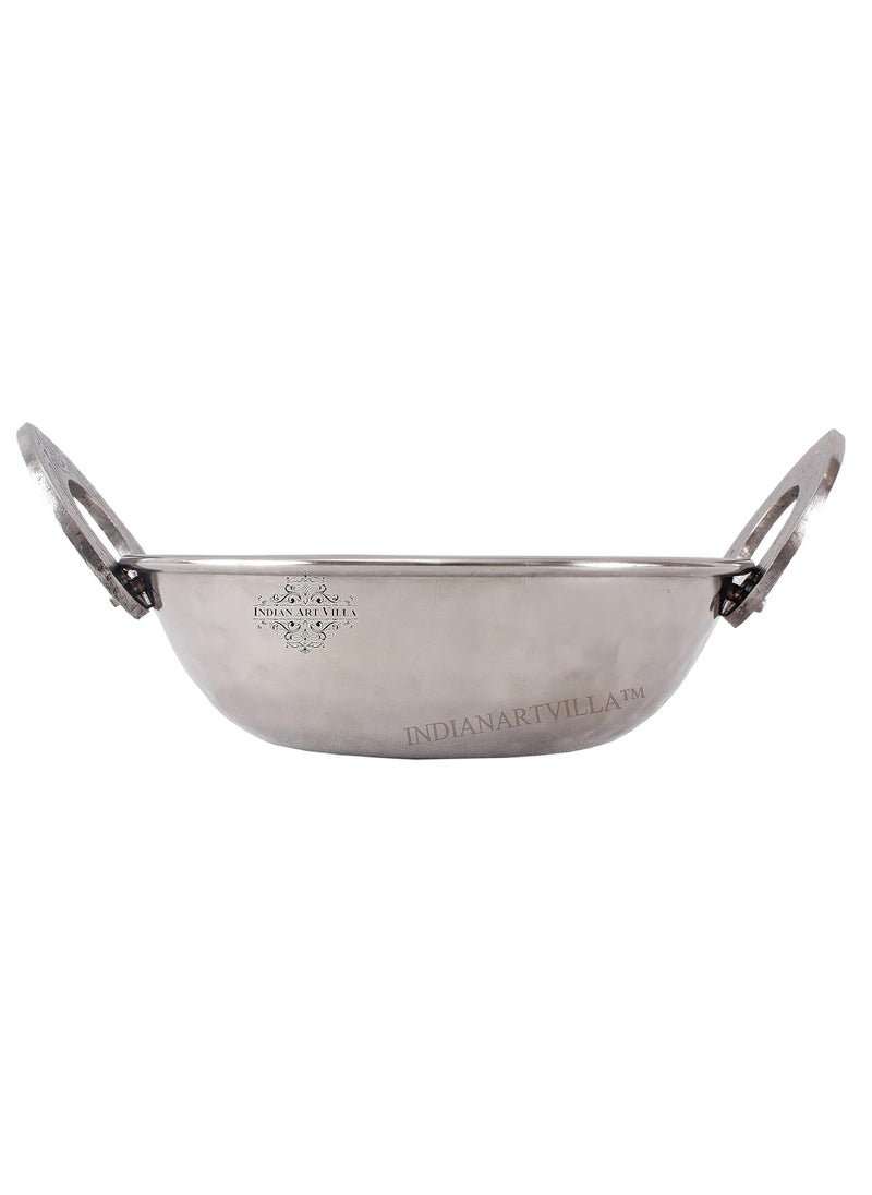 Indian Art Villa Steel Kadhai Kadai Wok with Hammer Design and Embossed Handle Serving Dishes Silver Volume 490 ml