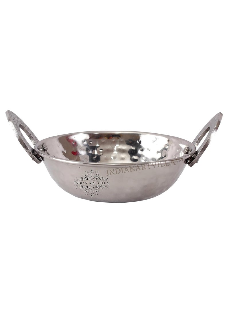 Indian Art Villa Steel Kadhai Kadai Wok with Hammer Design and Embossed Handle Serving Dishes Silver Volume 490 ml