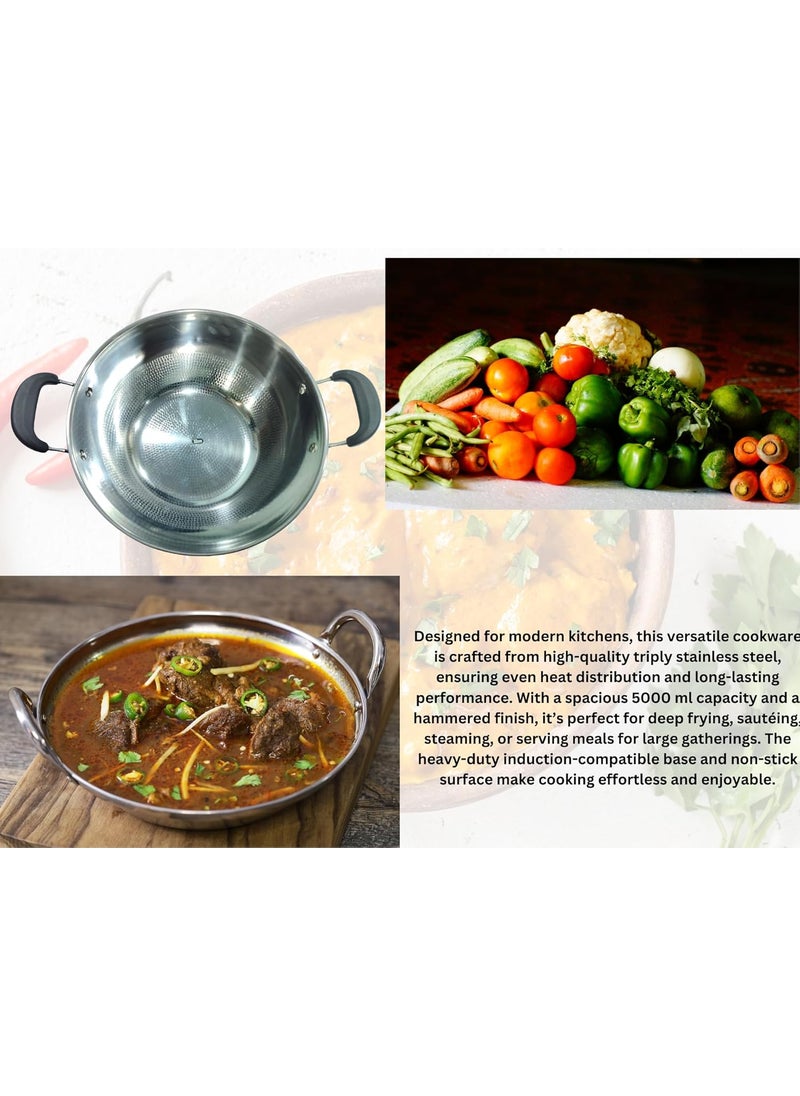 Bhajanshree Stainless Steel Non Stick Extra Large Deep Cooking kadai for Cooking Cookware Set Wok Induction Bottom Heavy Base Serving Bowl with Handle with Frying Stockpot 5000 ml 42X32X14