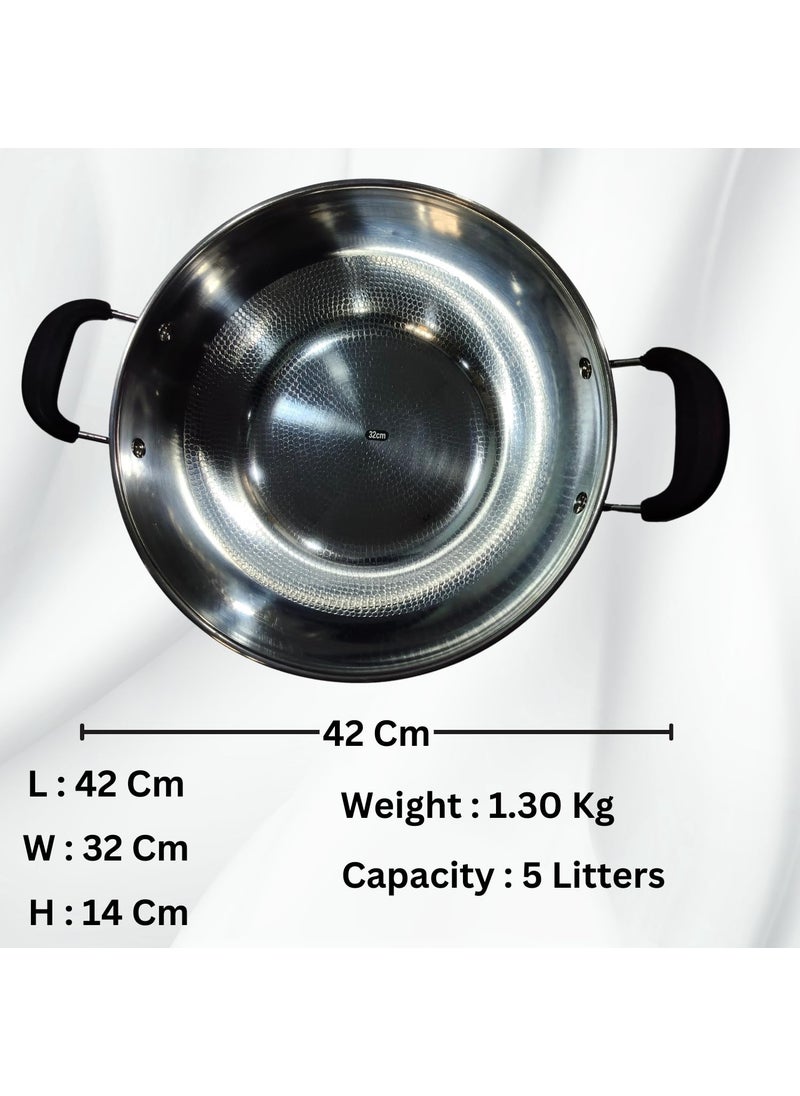 Bhajanshree Stainless Steel Non Stick Extra Large Deep Cooking kadai for Cooking Cookware Set Wok Induction Bottom Heavy Base Serving Bowl with Handle with Frying Stockpot 5000 ml 42X32X14