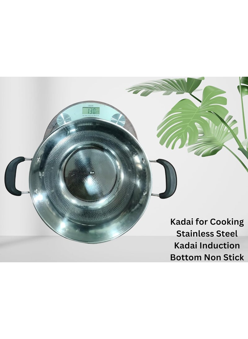 Bhajanshree Stainless Steel Non Stick Extra Large Deep Cooking kadai for Cooking Cookware Set Wok Induction Bottom Heavy Base Serving Bowl with Handle with Frying Stockpot 5000 ml 42X32X14