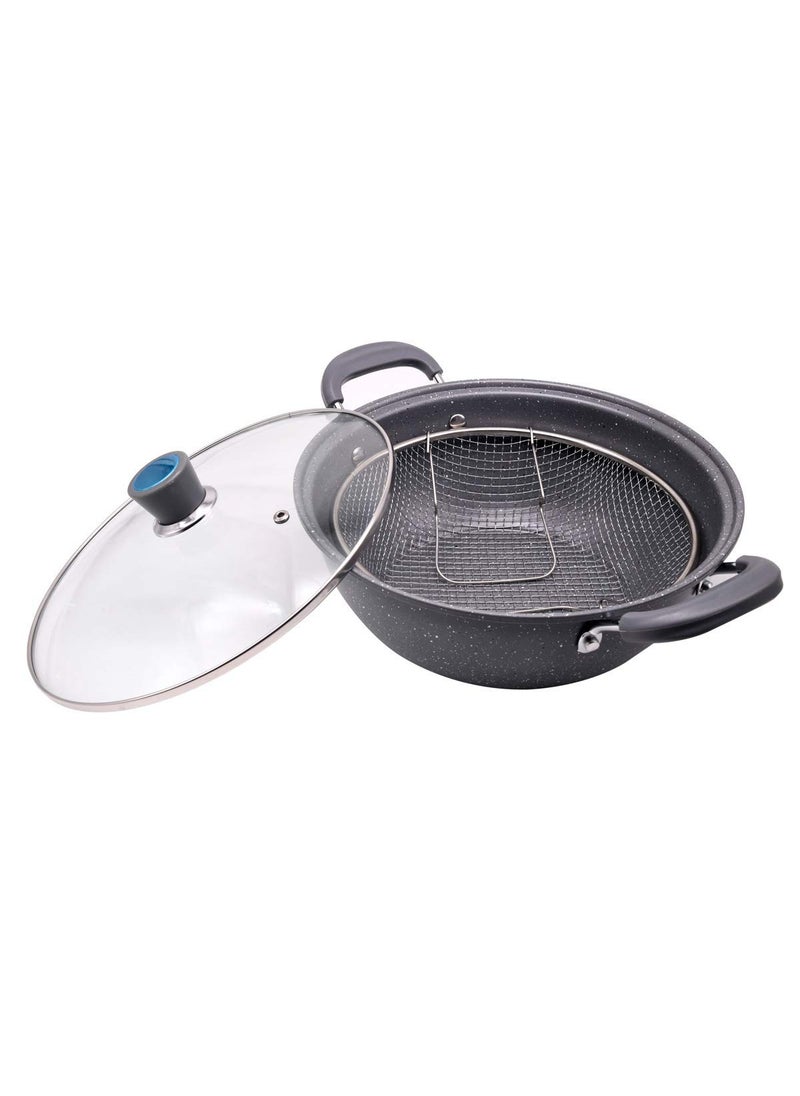 Olpad Non Stick Fry Stir Fry Pan with Lid Wok Pan Steamer Fryer Pot Pans with Lid Frying Basket and Steam Rack Stir Fry Pan 24 cm