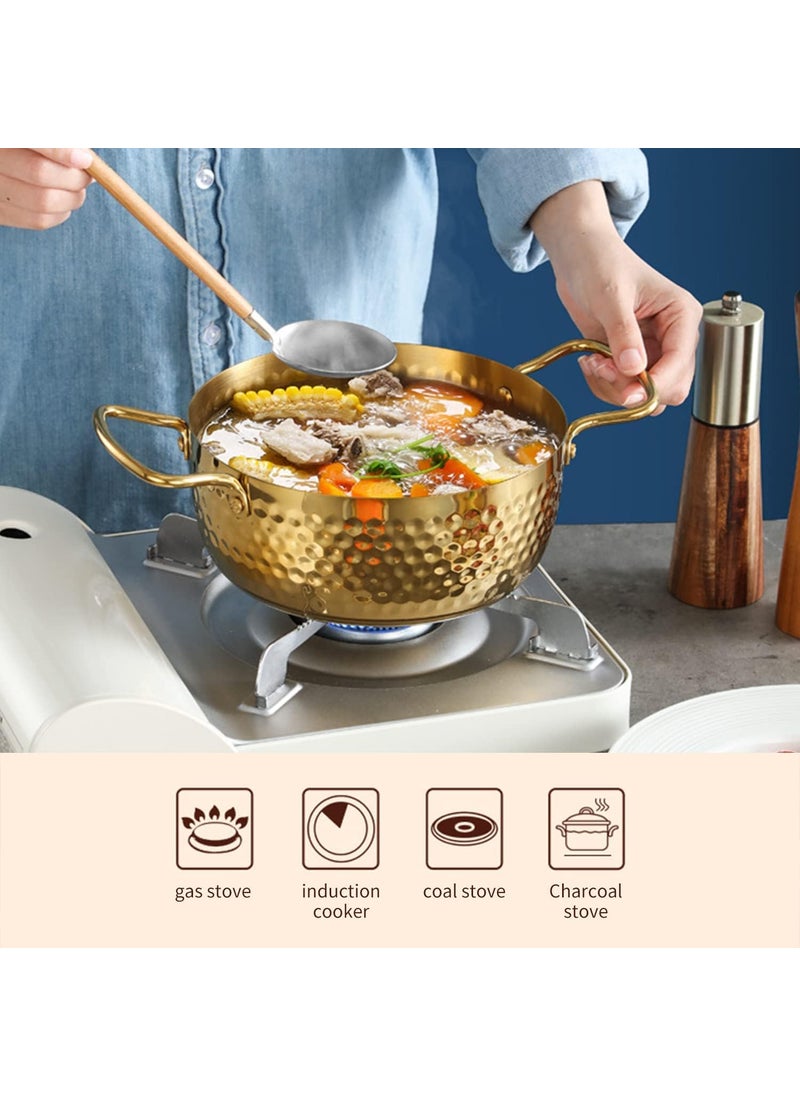 samusagya Stainless Steel Kadai Brass Noodle Pot for Cooking with Double Handles Hammered Men Pot Korean Ramen Cooking Pot for Kitchen Nonstick Ramyun Cooker for SoupCurryPastaStew Gold