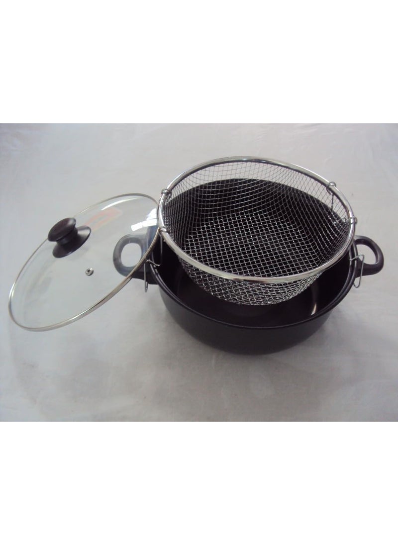 Matiko Non Stick Fry Stir Fry Pan with Lid Steamer Fryer Pot Pans with Lid Frying Basket and Steam Rack Nonstick Wok Pan Black Stir Fry Pan 22 cm