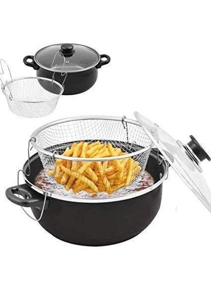 Matiko Non Stick Fry Stir Fry Pan with Lid Steamer Fryer Pot Pans with Lid Frying Basket and Steam Rack Nonstick Wok Pan Black Stir Fry Pan 22 cm