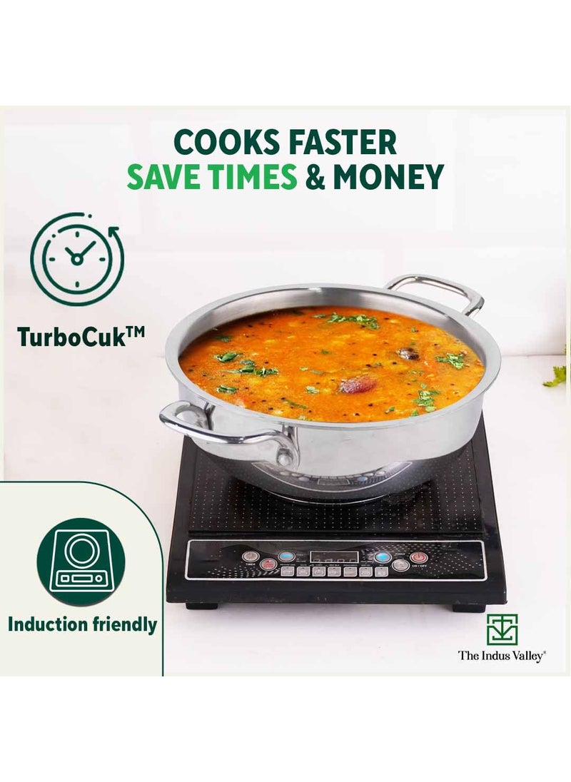 The Indus Valley Triply Stainless Steel Deep Kadai with Glass Lid 222cm87 inch 15Ltr 138kg Induction friendly Nonstick 3Layer Body 100 Pure ToxinfreeSilver