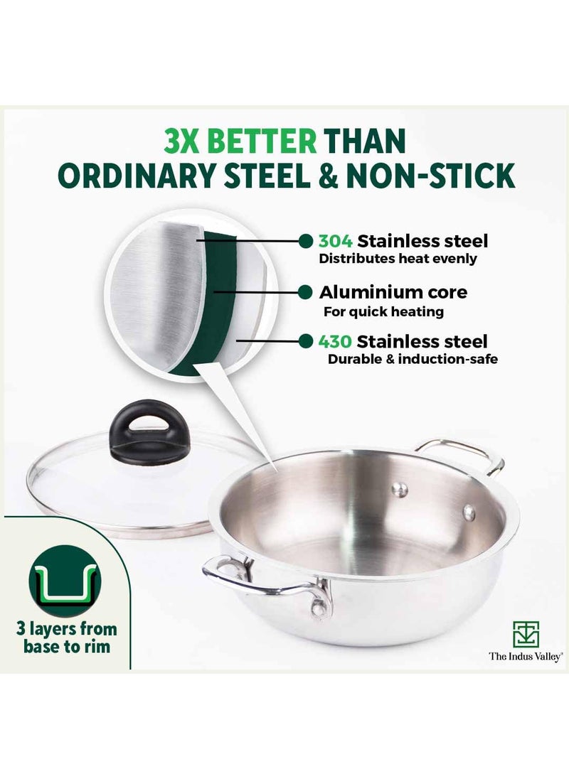 The Indus Valley Triply Stainless Steel Deep Kadai with Glass Lid 222cm87 inch 15Ltr 138kg Induction friendly Nonstick 3Layer Body 100 Pure ToxinfreeSilver