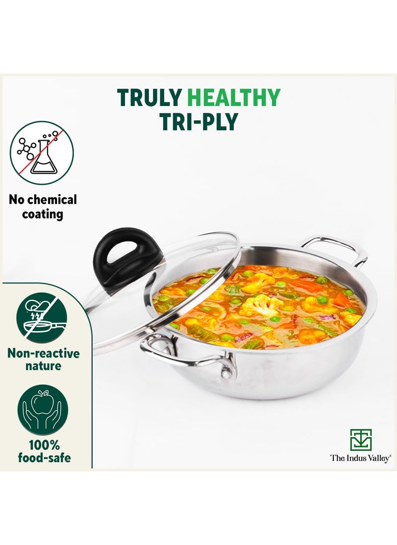 The Indus Valley Triply Stainless Steel Deep Kadai with Glass Lid 222cm87 inch 15Ltr 138kg Induction friendly Nonstick 3Layer Body 100 Pure ToxinfreeSilver