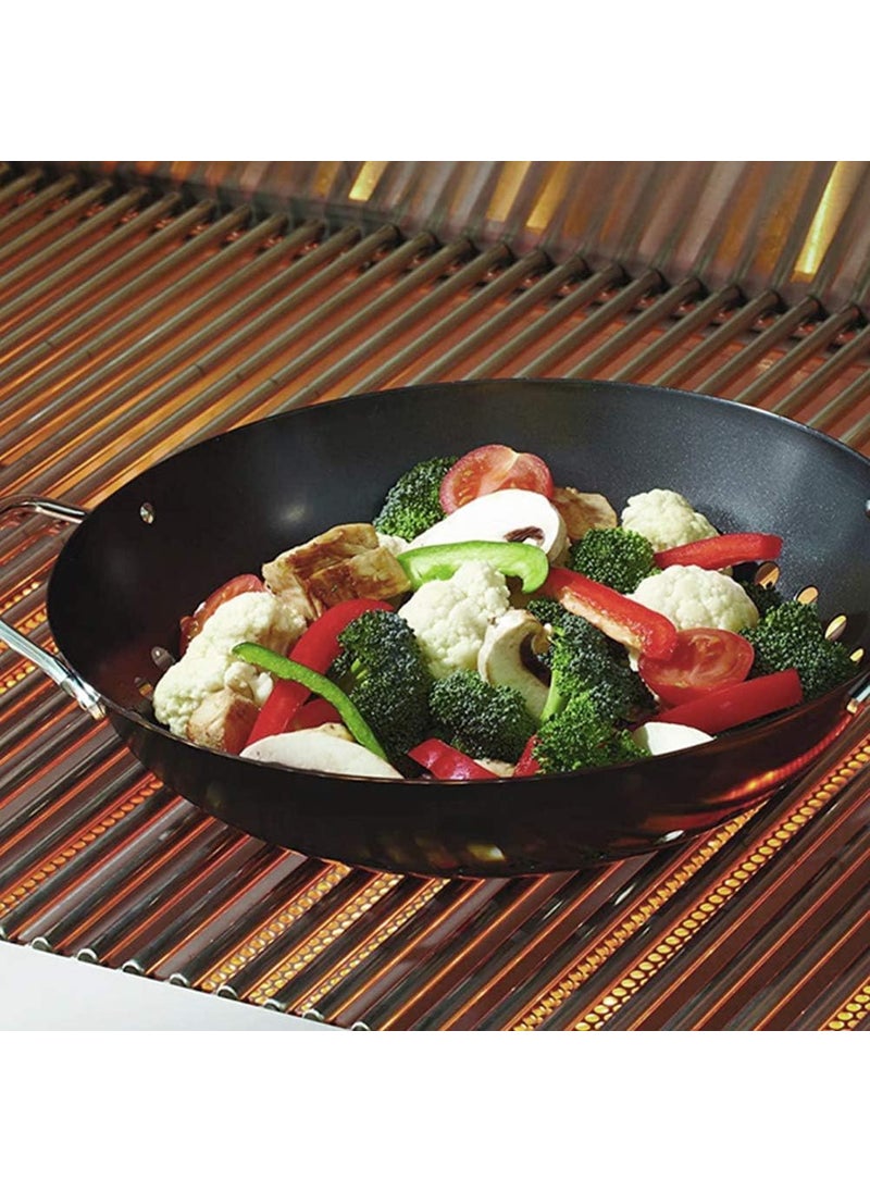 samusagya Steel Metal Grilling Skillet Round Grill Wok with Handle for Egg Veggie Basket BBQ Accessory Coated Steel with Handles BBQ Pan for Outdoor Camping