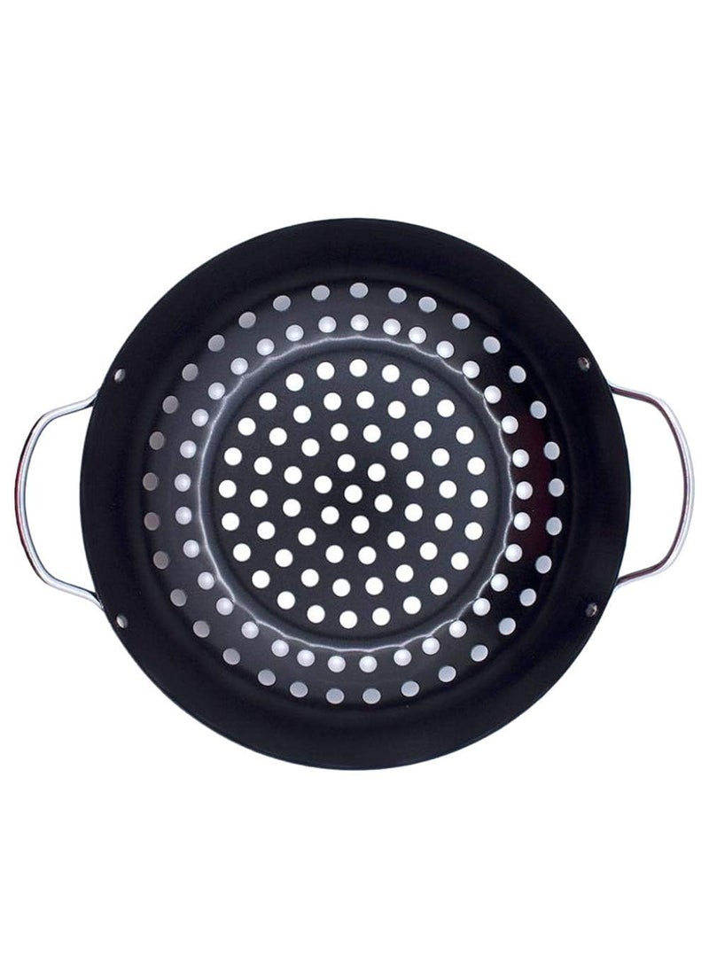 samusagya Steel Metal Grilling Skillet Round Grill Wok with Handle for Egg Veggie Basket BBQ Accessory Coated Steel with Handles BBQ Pan for Outdoor Camping