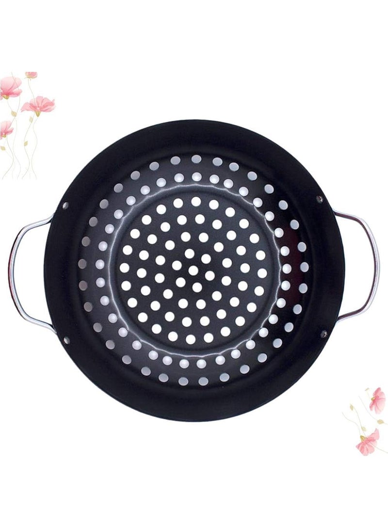 samusagya Steel Metal Grilling Skillet Round Grill Wok with Handle for Egg Veggie Basket BBQ Accessory Coated Steel with Handles BBQ Pan for Outdoor Camping