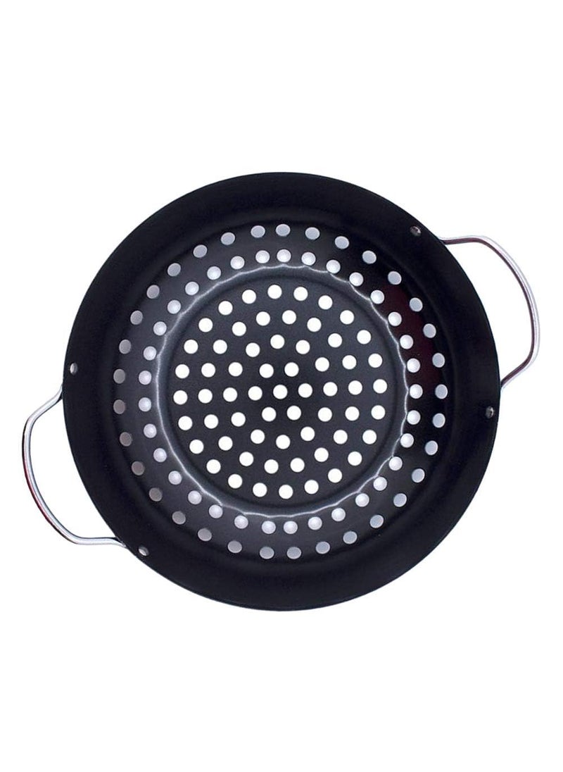 samusagya Steel Metal Grilling Skillet Round Grill Wok with Handle for Egg Veggie Basket BBQ Accessory Coated Steel with Handles BBQ Pan for Outdoor Camping