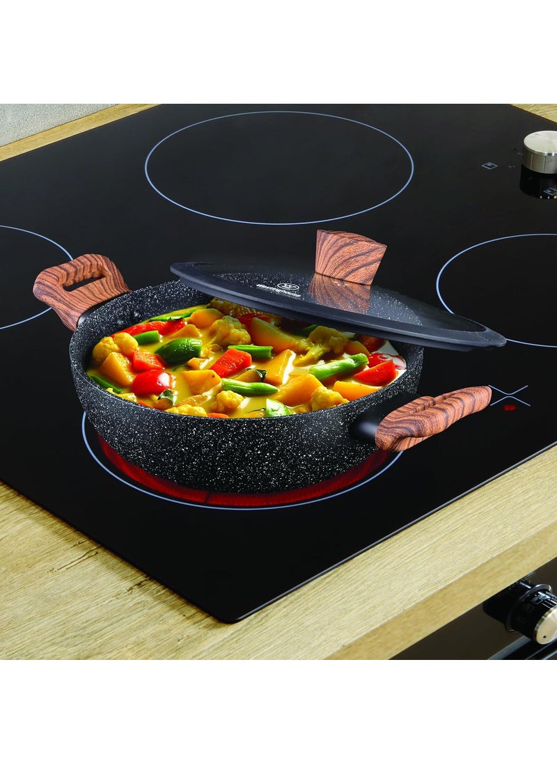 Westinghouse NonStick Deep Kadhai with Glass Lid Marble Coated Aluminum Wok Detachable Riveted Soft Touch Handle Gas Induction Compatible Ideal for Frying Cooking 20 cm WCCW0085D20MBB
