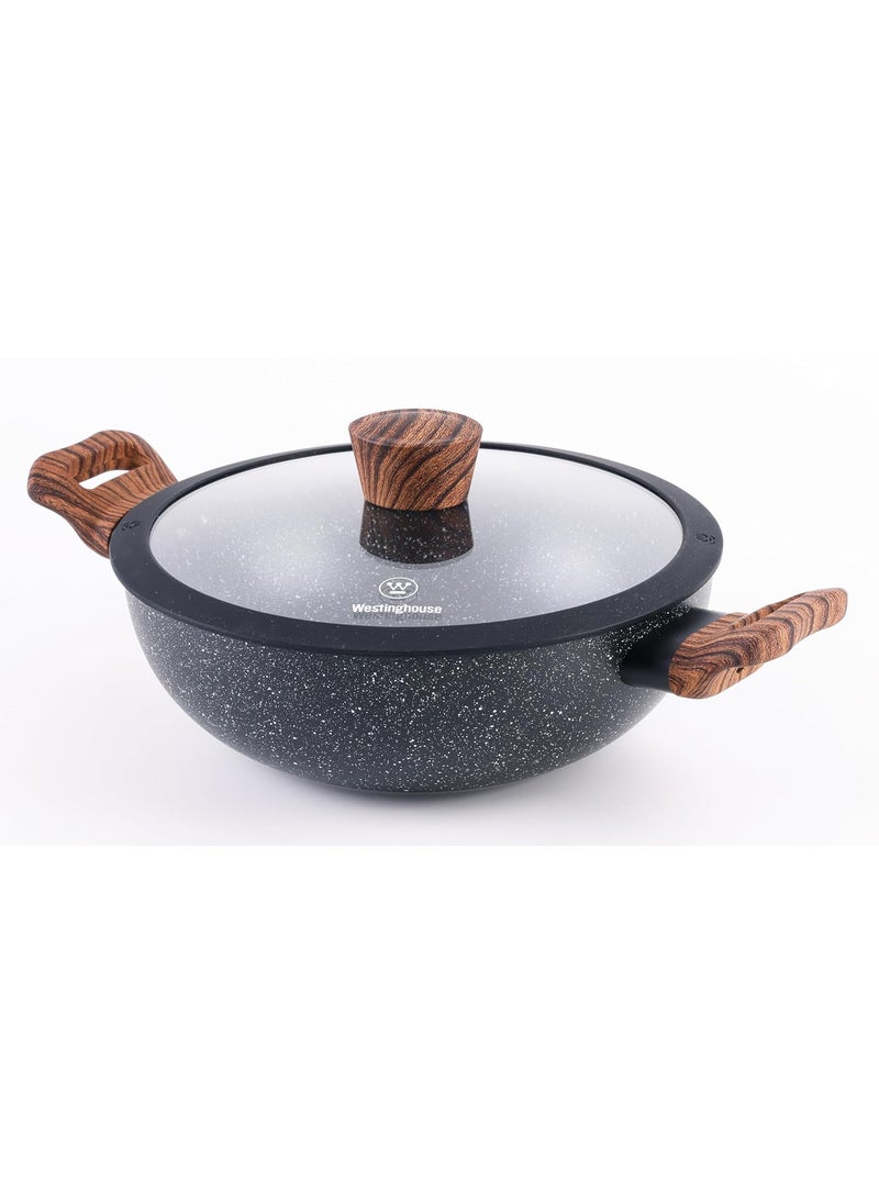 Westinghouse NonStick Deep Kadhai with Glass Lid Marble Coated Aluminum Wok Detachable Riveted Soft Touch Handle Gas Induction Compatible Ideal for Frying Cooking 20 cm WCCW0085D20MBB