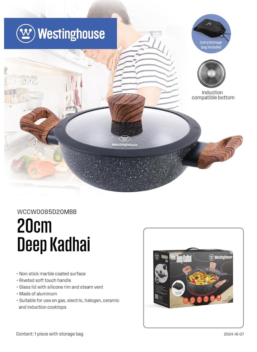 Westinghouse NonStick Deep Kadhai with Glass Lid Marble Coated Aluminum Wok Detachable Riveted Soft Touch Handle Gas Induction Compatible Ideal for Frying Cooking 20 cm WCCW0085D20MBB