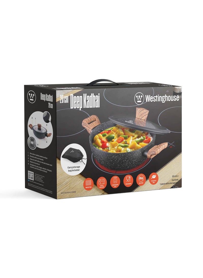 Westinghouse NonStick Deep Kadhai with Glass Lid Marble Coated Aluminum Wok Detachable Riveted Soft Touch Handle Gas Induction Compatible Ideal for Frying Cooking 20 cm WCCW0085D20MBB