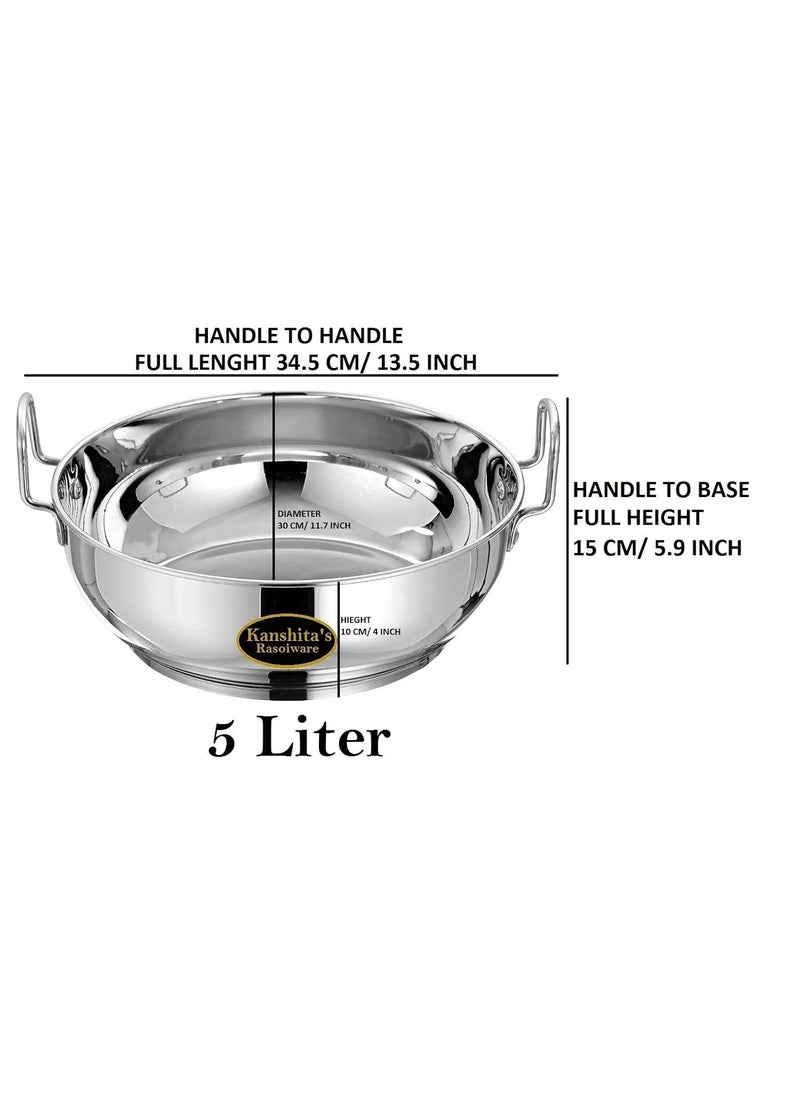 Kanshitas Rasoiware Heavy Gauge Stainless Steel Induction BottomGas Stove Friendly Kadhai with Lid 5 Litre