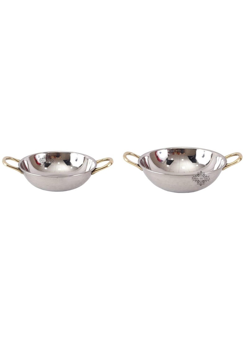 Indian Art Villa Steel Set of 2 Kadhai Kadai Wok with Round Brass Handle Serving Cooking Vegetable Dishes Home Hotel Restaurant Tableware