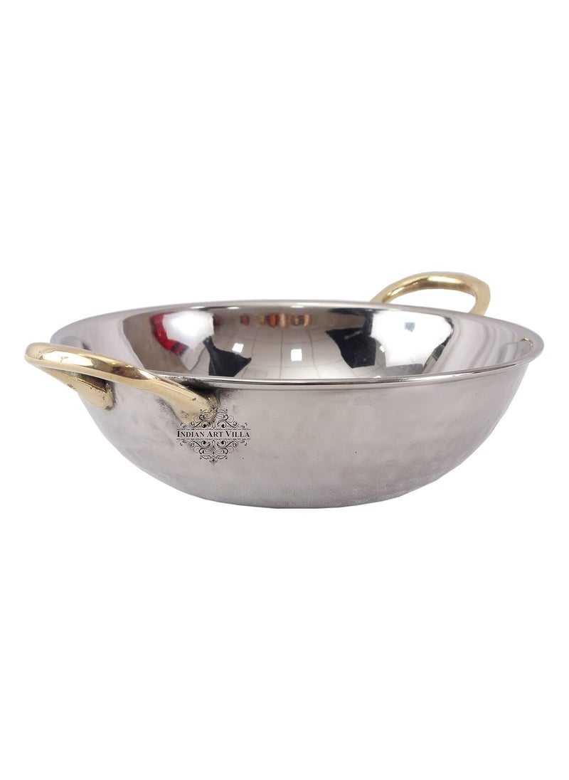 Indian Art Villa Steel Set of 2 Kadhai Kadai Wok with Round Brass Handle Serving Cooking Vegetable Dishes Home Hotel Restaurant Tableware