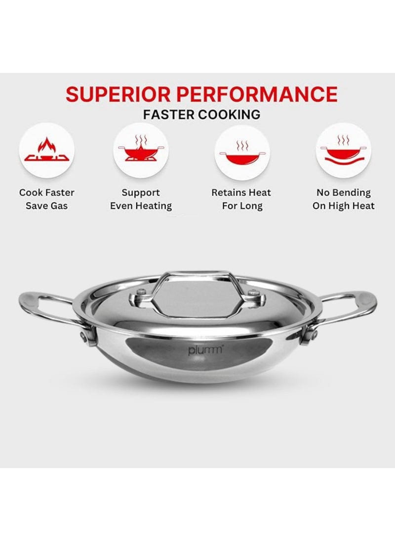 PLUMM Get Stainless Steel Kadai with Lid 25mm Thick Extra Deep Kadhai Kadhai for Cooking Deep Frying Heavy Bottom Induction Base Triply Kadai Silver 20cm 14 LTR 5 Years Warranty