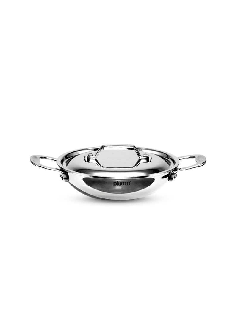 PLUMM Get Stainless Steel Kadai with Lid 25mm Thick Extra Deep Kadhai Kadhai for Cooking Deep Frying Heavy Bottom Induction Base Triply Kadai Silver 20cm 14 LTR 5 Years Warranty