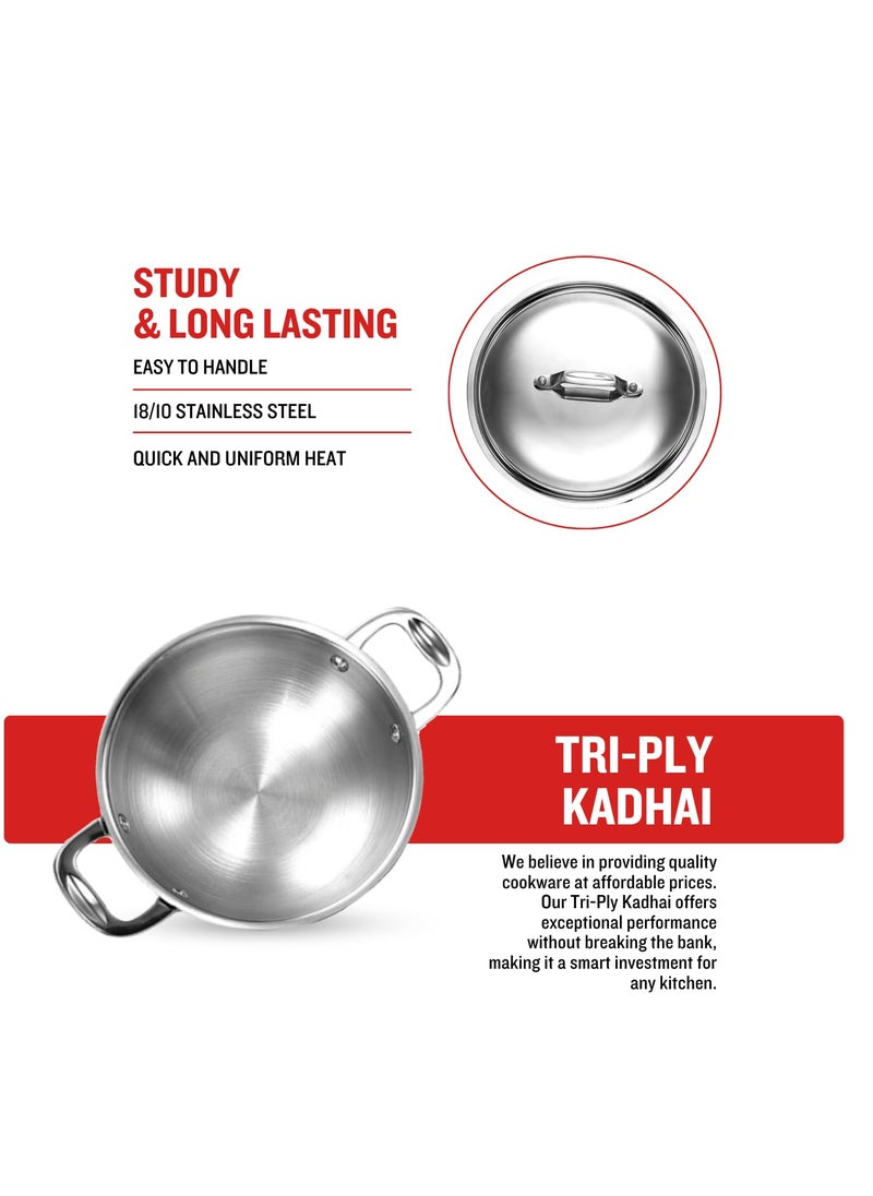 PLUMM Get Stainless Steel Kadai with Lid 25mm Thick Extra Deep Kadhai Kadhai for Cooking Deep Frying Heavy Bottom Induction Base Triply Kadai Silver 20cm 14 LTR 5 Years Warranty