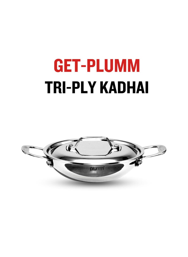 PLUMM Get Stainless Steel Kadai with Lid 25mm Thick Extra Deep Kadhai Kadhai for Cooking Deep Frying Heavy Bottom Induction Base Triply Kadai Silver 20cm 14 LTR 5 Years Warranty
