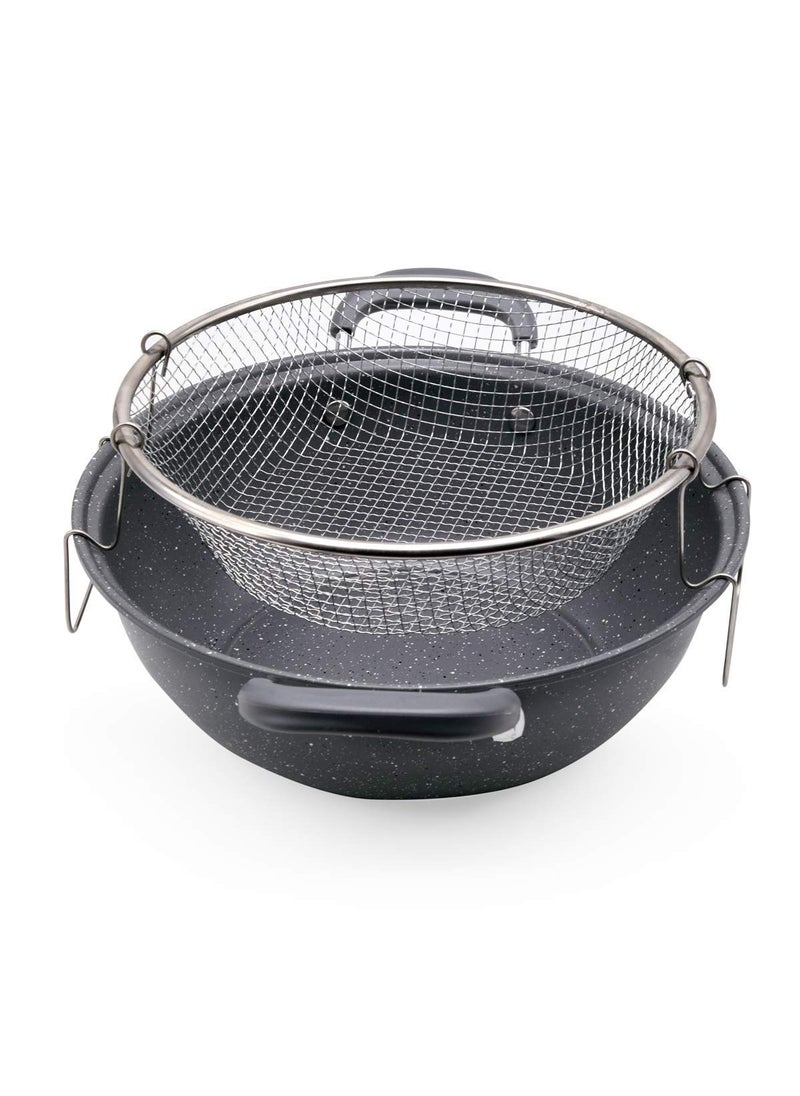 VBM Frying Pan Wok Frying Pan 22cm Chip Frying Pot with Strainer Cooking Pot with Frying Basket and Lid Pasta Pot Chips Basket Nonstick Woks and Stir Fry Pans with Lid