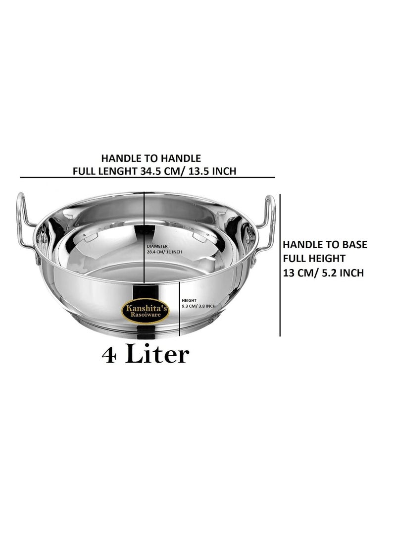 Kanshitas Rasoiware Induction Base Stainless Steel Kadai with Stainless Steel Lid 4 Litre