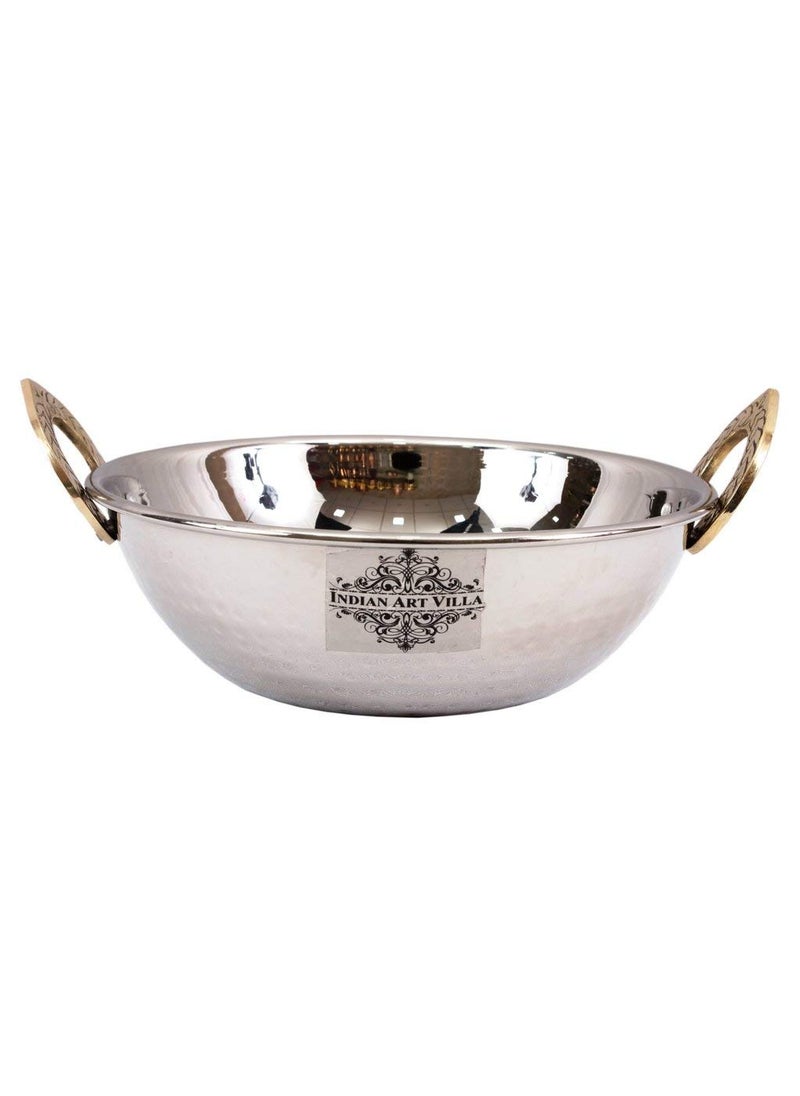 Indian Art Villa 25 X 78 Handmade Steel Kadhai Karahi Wok with Brass Handle 1000 ml Steel Colour Serving Indian Food Dal Curry Vegetable Home Hotel Restaurant Tableware