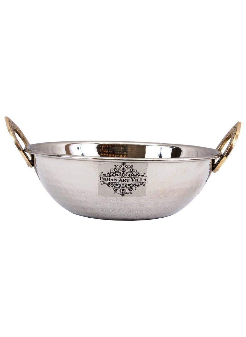 Indian Art Villa 25 X 78 Handmade Steel Kadhai Karahi Wok with Brass Handle 1000 ml Steel Colour Serving Indian Food Dal Curry Vegetable Home Hotel Restaurant Tableware