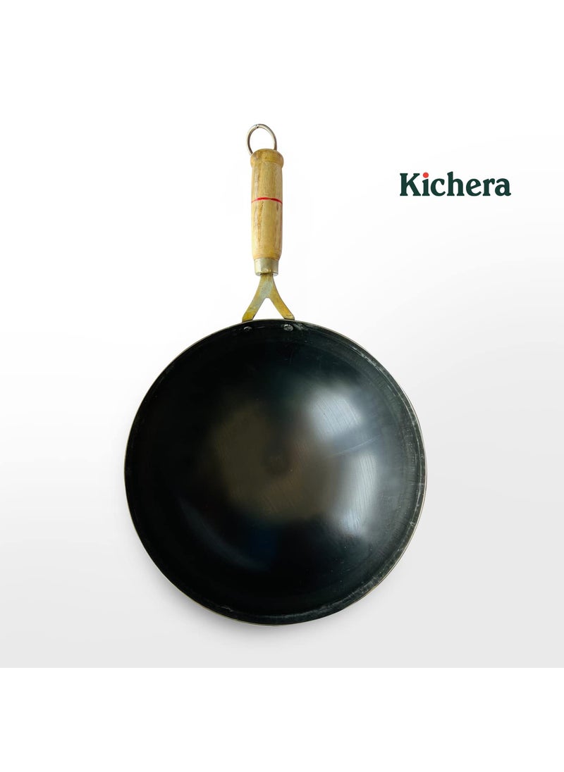 Kichera 11 Inch PreSeasoned Iron Wok with Wooden Handle Chinese Kadhai for Cooking Deep Frying Pure Iron Kadai Wok Fry Pan 29cm 31Ltr 12Kg Gas Compatible Round Base