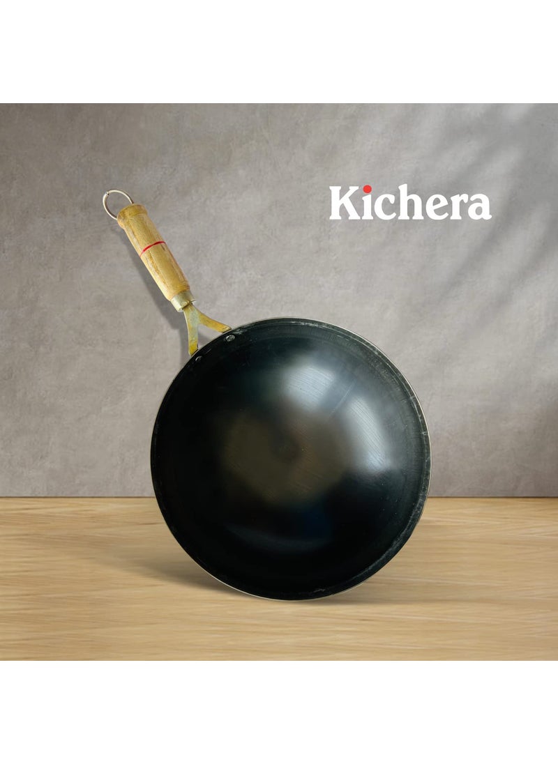 Kichera 11 Inch PreSeasoned Iron Wok with Wooden Handle Chinese Kadhai for Cooking Deep Frying Pure Iron Kadai Wok Fry Pan 29cm 31Ltr 12Kg Gas Compatible Round Base