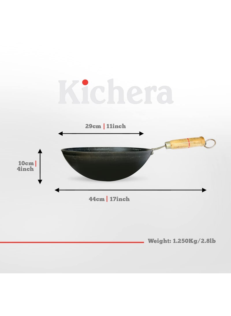 Kichera 11 Inch PreSeasoned Iron Wok with Wooden Handle Chinese Kadhai for Cooking Deep Frying Pure Iron Kadai Wok Fry Pan 29cm 31Ltr 12Kg Gas Compatible Round Base
